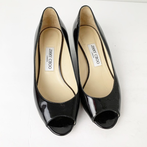 Jimmy Choo 39.5 Black Patent Peep Toe Wedge Pumps - Picture 1 of 8